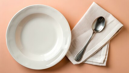 Elegant white ceramic plate with a neatly folded beige lace-trimmed napkin and stainless steel spoon on a warm peach background setting