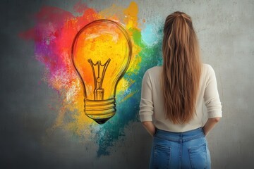 Woman views a colorful lightbulb drawing on the concrete wall. It symbolizes creativity, bright ideas, and imagination's spark.