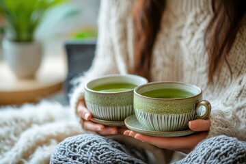 Woman holds matcha tea cups wearing a cozy sweater. Use it to show relaxation, healthy lifestyle and wellness.