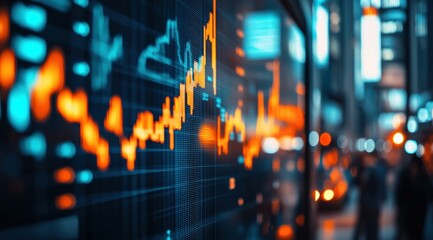 Obraz premium A digital board shows stock market trends in orange and blue bars, contrasting with the blurred cityscape in the background.