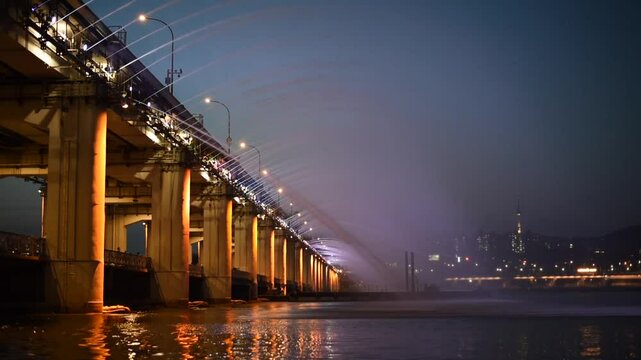 Banpo Bridge Moonlight Rainbow Fountain on Han river in Seoul, capital of South Korea