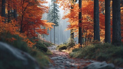 Autumn Forest Path: Sunlit Trail Through Vibrant Red Leaves