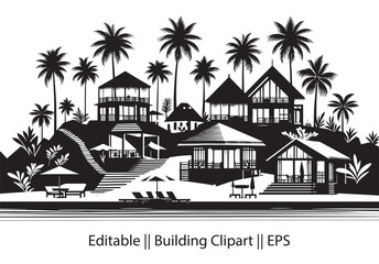 Black Silhouette of Beach Houses – Palm Trees & Modern Villas in Minimal Clipart Design