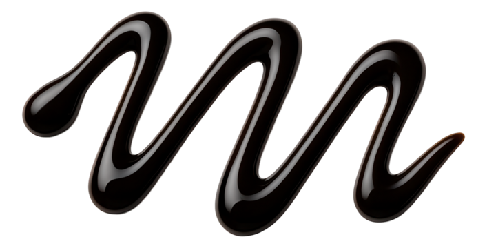A glossy zigzag line of dark chocolate syrup with a smooth, rich texture.