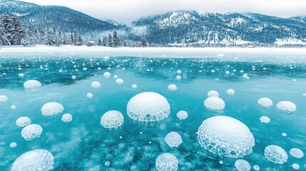 Frozen Methane Bubbles Trapped Underneath Lake Ice in Winter Landscape Background