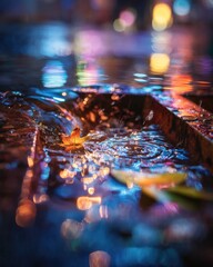 Autumn Leaf in City Night Water