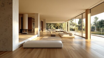 Bright, modern living room with wood floors and a garden view through windows. Show contemporary interior design or a comfortable and upscale lifestyle.