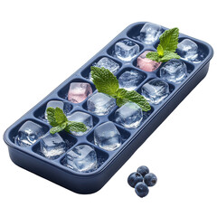 A tray with ice cubes and mint leaves with blueberries on transparent background