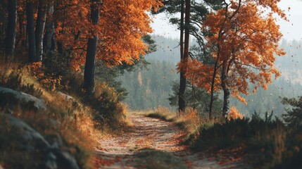 Autumn Path Through Colorful Forest