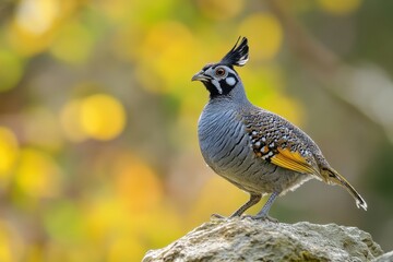 Elegant Mountain Quail sits on a rock against blurred yellow backdrop. Use for nature articles, birding guides, or conservation awareness.