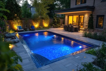 Beautiful backyard pool glows under the night's sky, very inviting. Use this in articles about outdoor living or home improvement.