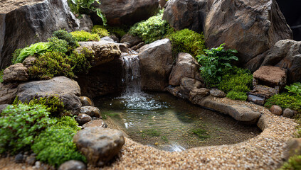 A close-up of an artificial pond with rocks and moss, featuring small waterfalls and plants