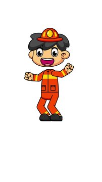 Dancing Firefighter Cartoon Character, Joyful Animation on White Background