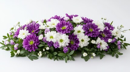 Purple and white chrysanthemums create a beautiful flower arrangement. It is perfect for sympathy cards, funeral programs, or memorial displays.
