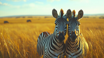 Safari concept. Zebra couple with safari car in african savannah. Masai Mara national park, Kenya