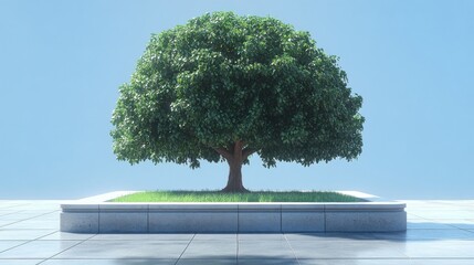 Lonely Green Tree With Leaves On The Platform Under Blue Sky 3D Render