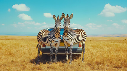 Safari concept. Zebra couple with safari car in african savannah. Masai Mara national park, Kenya