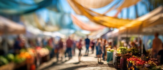 Blurred Farmers Market Scene: Colorful Produce and People