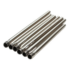 Metallic tubes arranged diagonally in a studio setting on transparent background