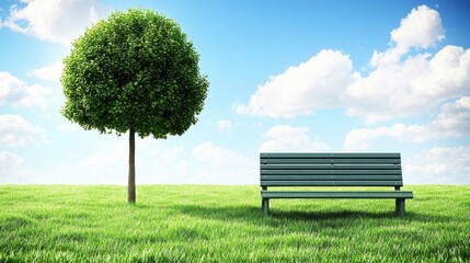 Green Tree and Wooden Bench in Summer Park Under Blue Cloudy Sky