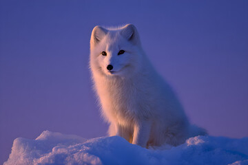Twilight arctic glimmer close-up of white arctic fox seated on faintly bioluminescent snowdrift indigo dusk sky fine fur detail macro prime lens National Geographic clarity stock image photoxxxxxxxxxx