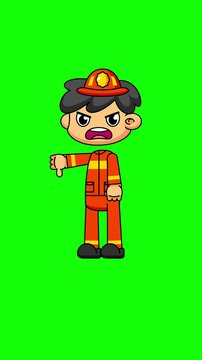 Angry Firefighter Character Giving Thumbs Down, Cartoon Style 4K Greenscreen Loop