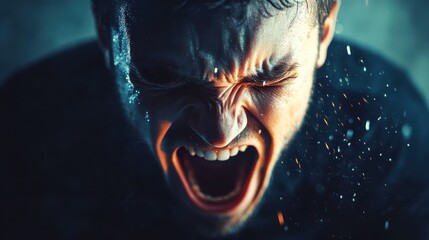 Man with intense expression screams, close-up, in the dark, droplets of sweat. Image depicts stress, anger, frustration, or mental health issues.
