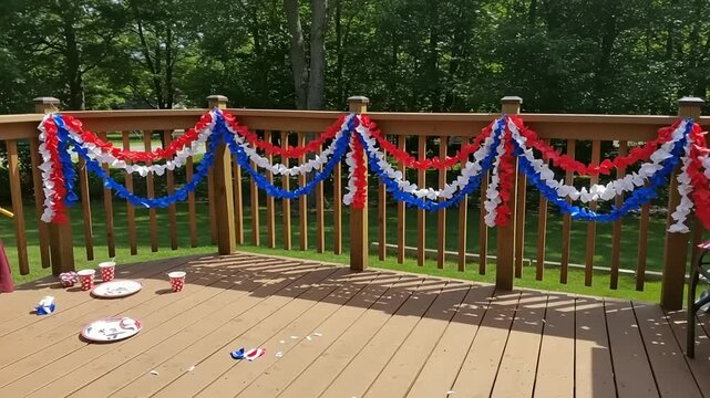 Festive outdoor deck decorated with red, white, and blue garlands for a celebration, with scattered plates