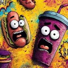 Cartoon Hot Dog and Soda Pop Illustration