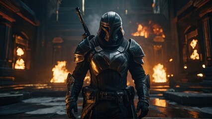 Armored Warrior Stands Amidst Burning Ruins