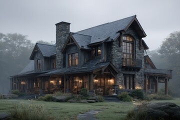Rustic Stone and Wood Lodge in Misty Forest