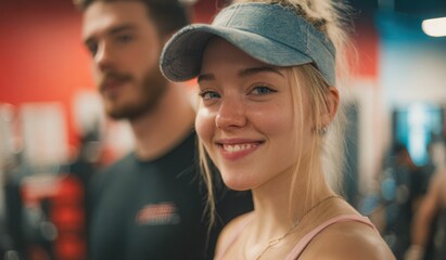 A woman with a radiant smile joins others in a dynamic gym workout on treadmills, showcasing the enjoyment and energy that come with staying fit.