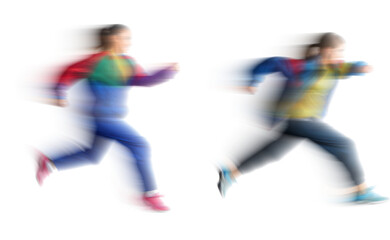 Set of Running people with motion blur effect, isolated PNG with transparent background for photo scenes