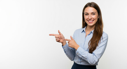A Smiling Woman Pointing to the Left on a White Background. A Studio Portrait with a Clean and Minimalistic Look. A Woman in a Blue Shirt Gesturing to an Empty Space. Soft and Even Lighting