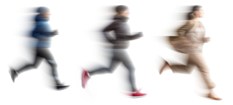 Set of Running people with motion blur effect, isolated PNG with transparent background for photo scenes