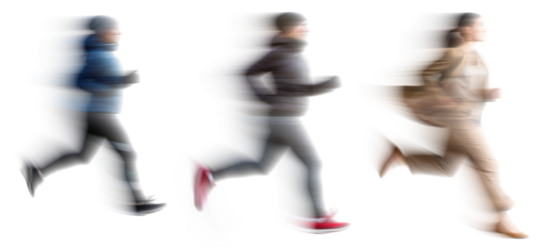 Set of Running people with motion blur effect, isolated PNG with transparent background for photo scenes