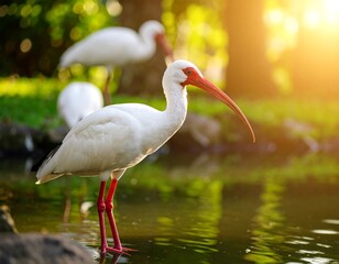 Fototapeta premium White bird by water at sunset