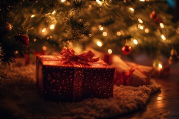 A close-up of a beautifully wrapped Christmas gift under a twinkling Christmas tree, evoking the joy and warmth of the holiday season .