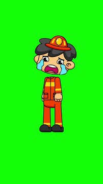 Crying Firefighter Cartoon Character Looping Animation, 4K Greenscreen Ready