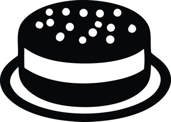 Simple black and white illustration of a round cake with sprinkles