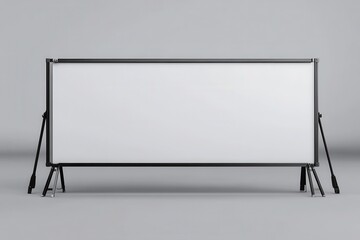 Blank projector screen with black frame and legs on a gray background. Ideal for presentations, photo shoots, and showcasing creative content.