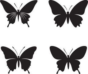 Black Butterfly Silhouettes Vector Set. Elegant Winged Insect Icons