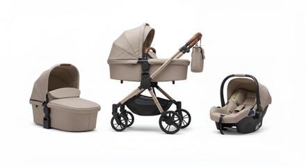 Beige baby stroller set with bassinet and car seat