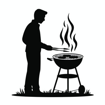 Man Grilling Barbecue Silhouette Vector Illustration with Outdoor BBQ Grill and Smoke
