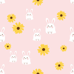 Seamless pattern with bunny rabbit cartoons and sunflower field on pink background vector. Cute childish print.