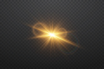 Golden star flash and 
lens light. On a transparent background.
