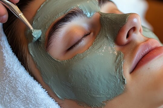 Close-up of woman receiving facial mask with a brush in spa. Perfect for articles about skincare, beauty, and self-care routines.