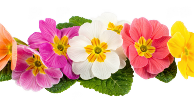 Floral Border Colorful Primroses with Fresh Green Leaves for Spring and Summer Designs