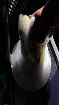 Una mano de mujer que presiona una esponja amarilla llena de jab&oacute;n l&iacute;quido en un plato de color blanco. Video vertical