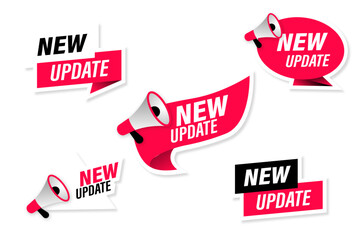 set of stickers in red style with new update text and vector megaphone